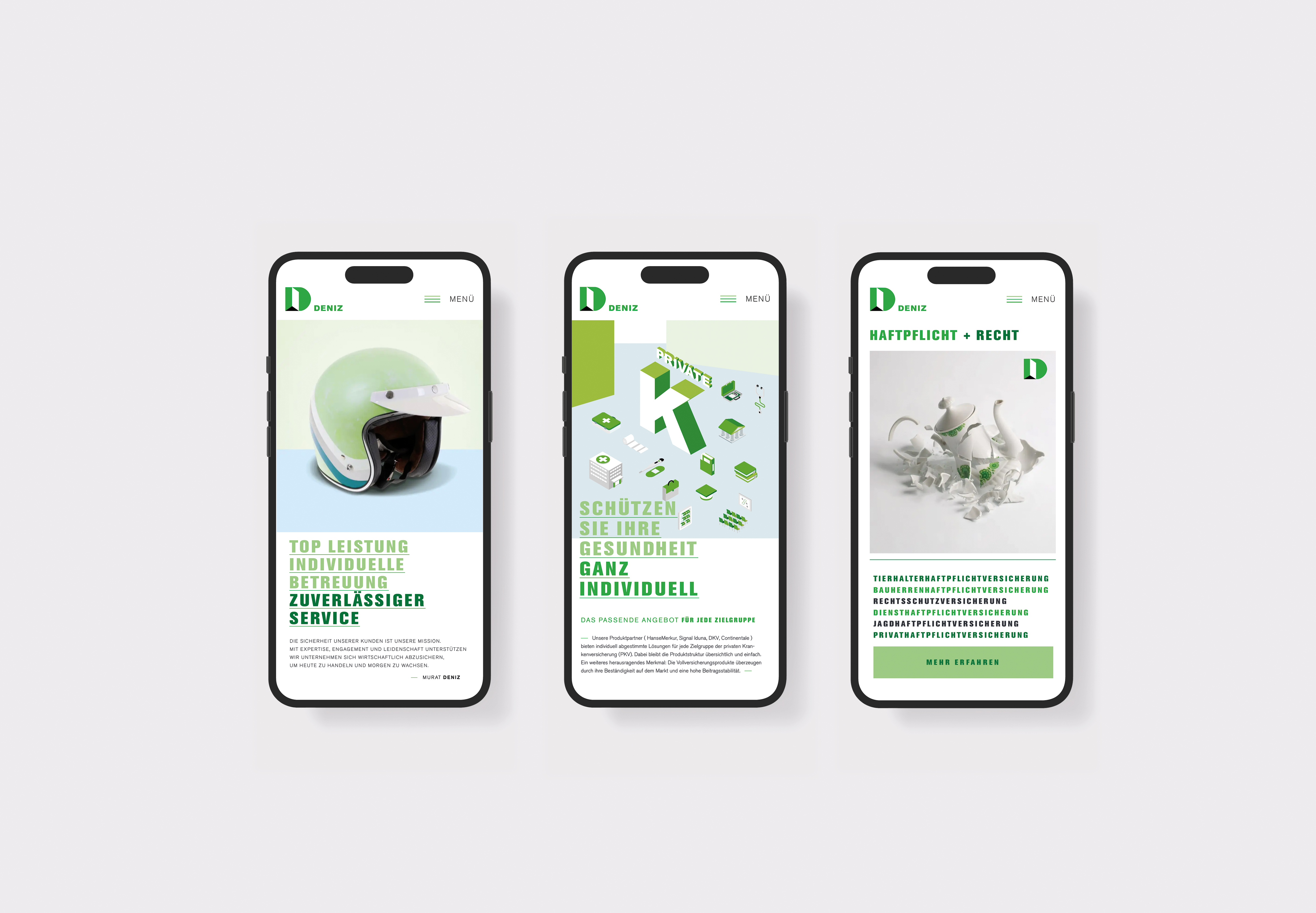 DENIZ Website, mobile Ansicht auf drei Smartphones